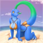  all_fours anthro beach bikini blue_body blue_skin bra breasts claws cleavage clothed clothing eliza_(vader-san) female lizard necklace outside panties reptile sand scalie sea seaside skimpy smile solo swimsuit underwear vader-san water 