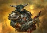  2012 anthro armor blood cleaning digital_media_(artwork) digital_painting_(artwork) greg_staples half-length_portrait holding_weapon horn magic_the_gathering male minotaur official_art scar soldier solo standing sword weapon 