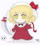  1girl blonde_hair bow bowtie center_frills check_commentary commentary_request curly_hair dated dounaga_nuko dress elly_(touhou) frilled_dress frills full_body fumo_(doll) furrowed_brow hat hat_bow hat_ribbon holding holding_scythe inset long_sleeves red_dress ribbon scythe short_hair signature simple_background sketch_inset solo standing sweat teeth touhou touhou_(pc-98) upper_teeth_only white_background white_hat yellow_eyes zun_(style) 