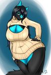  anthro big_breasts bottomless breasts cat chubby cleavage clothed clothing feline female fur hair heterochromia huge_breasts keyhole_turtleneck long_hair looking_at_viewer mammal plain_background smile solo sweater temari-brynn thick_thighs voluptuous wide_hips 