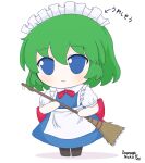  1girl apron arrow_(symbol) back_bow blue_dress blue_eyes bow bowtie broom check_commentary commentary_request dated dounaga_nuko dress frills full_body fumo_(doll) green_hair hair_between_eyes holding holding_broom maid maid_apron maid_headdress ruukoto short_sleeves signature simple_background smile solo standing touhou touhou_(pc-98) translation_request waist_apron white_apron white_background 