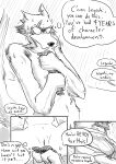 absurd_res anthro aroused beastars bed bodily_fluids boxers_(clothing) breasts bulge canid canine canis clothing comic dialogue dragonweirdo duo female furniture genitals haru_(beastars) hi_res holding_clothing holding_object holding_underwear lagomorph legoshi_(beastars) leporid male mammal nervous nipples panties pubes rabbit scar squeezing sweat underwear vulva wolf