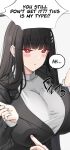  1girl black_hair black_jacket blue_archive blunt_bangs blush breasts cleavage english_text eyebrows_hidden_by_hair eyelashes hair_ornament hairclip jacket keenh large_breasts long_eyelashes long_hair looking_at_another out_of_frame poking poking_another's_breast red_eyes rio_(blue_archive) shirt sidelocks simple_background sound_effects speech_bubble suit_jacket turtleneck turtleneck_shirt upper_body white_background white_shirt 