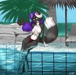  arm_support blue_hair breasts cat clothed clothing feline female fur green_eyes hair half-dressed looking_at_viewer mammal navel nipples open_mouth pool siberwar sitting solo topless water whiskers 