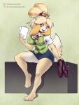 2025 3:4 4_toes 5_fingers absurd_res accessory animal_crossing anthro arm_tuft barefoot bell black_nose blonde_hair blue_bottomwear blue_clothing blue_skirt bottomwear bow_ribbon breasts brown_eyes canid canine canis circle_eyebrows clothing digital_media_(artwork) dipstick_tail domestic_dog eyebrows feet female fingers foot_on_ground footwear fur green_clothing green_topwear green_vest hair hair_accessory hair_tie hi_res high_heels holding_clothing holding_footwear holding_object holding_paper holding_shoes inner_thigh isabelle_(animal_crossing) ko-fi ko-fi_logo looking_at_viewer mammal markings nintendo open_mouth open_smile paper patreon patreon_logo paws pupils purple_clothing purple_footwear purple_high_heels raised_foot shih_tzu shoes shoes_removed sitting_on_object skirt smile snout solo tail tail_markings tan_body tan_fur teeth text toes tongue topwear toy_dog tuft url vest white_body white_fur white_text white_undershirt xael_the_artist