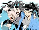  1girl 2boys black_hair blue_haori blush braid closed_eyes commentary_request fate/grand_order fate_(series) grin hair_ribbon hakama haori headband highres hijikata_toshizou_(fate) japanese_clothes kimono kondou_isami_(fate) kuriimu0203 long_hair multiple_boys okita_souji_(fate) open_mouth pink_hair ponytail ribbon shinsengumi shinsengumi_(fate) simple_background smile upper_body white_background 