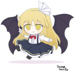  1girl arms_up bat_wings blonde_hair bow bowtie buttons check_commentary collar commentary_request dated dounaga_nuko fang floating frilled_collar frilled_shirt frilled_sleeves frills full_body fumo_(doll) hair_between_eyes hair_bow hair_ribbon hairband kurumi_(touhou) long_hair red_bow red_bowtie ribbon shirt signature simple_background skirt smile solo suspender_skirt suspenders touhou touhou_(pc-98) vampire white_background white_shirt wings yellow_eyes 