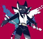  2025 5_fingers :3 angel anthro bat biped black_body black_bottomwear black_clothing black_fur black_pants black_topwear bottomwear button_(fastener) cain_(suitedwolfie) cheek_tuft claws clothing collared_shirt digital_drawing_(artwork) digital_media_(artwork) ear_piercing eyebrow_through_hair eyebrows eyewear facial_tuft fingers fur fur_markings glasses gold_button_(fastener) gold_glasses golden_buckle hair hair_over_eye head_tuft hi_res humanoid_hands kairiki_bear looking_at_viewer male mammal markings necktie pants piercing red_background restricted_palette shirt simple_background solo spread_arms standing suit suit_jacket suitedwolfie topwear translucent translucent_hair tuft wearing_glasses white_body white_clothing white_eyes white_fur white_necktie white_suit white_topwear wings 