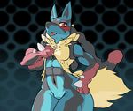  abs anthro black_fur blue_fur blush canine dante-feline fluffy fur lucario male mammal manly mega_evolution mega_lucario muscles nintendo pointy_ears pok&eacute;mon red_eyes shadow shiny smile solo spikes teeth tongue video_games wide_hips yellow_fur 