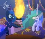  2014 antlrdkdlaos bed birthday_cake birthday_hat blue_fur bluse cake candle cutie_mark duo equine female feral fire food friendship_is_magic fur green_eyes hair horn horse inside mammal multicolored_hair my_little_pony open_mouth pillow pink_hair pony princess_celestia_(mlp) princess_luna_(mlp) purple_eyes smile standing star white_fur winged_unicorn wings 