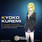  1girl black_shirt blonde_hair blue_background braid breasts character_name cleavage collarbone copyright_name cowboy_shot digimon digimon_story:_time_stranger eyewear_on_head grey_necktie grey_skirt hands_in_pockets kuremi_kyouko miniskirt necktie official_art pleated_skirt shirt skirt smile solo white_shirt 