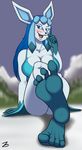  2015 4_toes anthro blue_eyes blue_hair blush breasts butt clothing eeveelution female foot_fetish foot_focus glaceon hair nintendo open_mouth pok&eacute;mon shirt sitting solo tank_top toes video_games zp92 