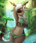  2014 antlers arm_up bikini bracelet breasts brown_fur cervine clothed clothing dragon eyes_closed female fur hair horn hybrid jewelry mammal navel outside reindeer skimpy solo swimsuit venauva water waterfall wet white_hair 