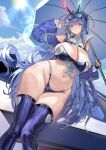  1girl absurdres animal_ears azur_lane blue_eyes blue_hair blue_jacket blue_panties blue_shrug blue_thighhighs blush boots breasts car_door cleavage commentary_request cowboy_shot eyewear_on_head fingerless_gloves gloves highres holding holding_umbrella huge_breasts jacket large_breasts liuli_xiao long_hair looking_at_viewer navel necktie new_jersey_(azur_lane) new_jersey_(black_blur_prelude)_(azur_lane) official_alternate_costume outdoors panties race_flag race_queen race_vehicle short_necktie shrug_(clothing) smile solo thigh_boots thighhighs umbrella underwear v very_long_hair 