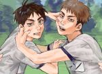  2boys brown_hair cheek_pinching commentary_request eren_yeager fighting green_eyes hand_on_another's_cheek hand_on_another's_face highres jean_kirstein looking_at_viewer male_focus multiple_boys open_mouth outdoors parted_lips pinching pine_tree pneko pulling_back shingeki_no_kyojin shirt short_hair t-shirt tree upper_body white_shirt 