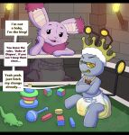 2024 3_toes abuniverse ambiguous_gender animate_inanimate annoyed antennae_(anatomy) anthro artist_name black_antennae black_tail block bodily_fluids buneary clothed clothing crossed_arms crown detailed_background dialogue diaper diaper_only ear_tuft ellipsis english_text eye_contact featureless_feet featureless_hands feet fur generation_4_pokemon generation_9_pokemon genital_fluids gimmighoul gimmighoul_(roaming_form) grey_body half-closed_eyes hand_on_cheek headgear heart_(marking) heart_symbol hi_res jewelry king_rocky letterbox linked_speech_bubble little_kings little_kings_(diaper) living_plushie looking_at_another markings multicolored_body multicolored_fur narrowed_eyes necklace nintendo noseless open_mouth open_smile pink_body pink_fur pink_nose playpen plushie pokemon pokemon_(species) purple_body purple_fur purple_tail rattle rosie_the_buneary seam_(sewing) shadyadi signature sitting smile solo speech_bubble standing stone_wall tail tan_body tan_fur teasing text toes topless torch toy tuft unclean_diaper urine used_diaper wall_(structure) wearing_diaper wet_diaper yellow_eyes