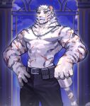  1boy abs absurdres animal_ears arknights artist_name augoose_cong bara black_pants chain chain_necklace cloud commentary english_commentary furry furry_male highres jewelry looking_at_viewer male_focus mountain_(arknights) muscular muscular_male necklace night night_sky pants scar scar_across_eye scar_on_arm scar_on_cheek scar_on_chest scar_on_face scar_on_hand scar_on_pecs scar_on_stomach sky tail tiger_boy tiger_ears tiger_stripes tiger_tail topless_male 