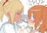  3girls ? absurdres blonde_hair blue_sailor_collar blush brown_hair closed_eyes dress fate/grand_order fate_(series) food food_in_mouth fujimaru_ritsuka_(female) hair_ornament hair_scrunchie hands_on_another's_shoulders highres imminent_pocky_kiss long_hair looking_at_another mata_hari_(fate) mordred_(fate) mordred_(swimsuit_rider)_(fate) mordred_(swimsuit_rider)_(second_ascension)_(fate) multiple_girls nakamoto_(kutqbqre) nervous orange_eyes orange_hair pocky pocky_in_mouth ponytail profile red_scrunchie sailor_collar scrunchie shirt short_hair side_ponytail simple_background speech_bubble sweat tan thought_bubble white_background white_shirt yellow_dress yellow_scrunchie yuri 