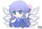  1girl angel angel_wings blue_dress blue_eyes blue_hair check_commentary collared_shirt commentary_request dated dounaga_nuko dress emblem feathered_wings full_body fumo_(doll) hair_between_eyes holding holding_scepter long_hair long_sleeves multiple_wings sariel_(touhou) scepter seraph shirt signature simple_background sitting smile solo touhou touhou_(pc-98) wand white_background white_wings wide_sleeves wings 