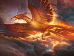 ambiguous_gender avian bird feathered_wings feathers feral fire flying glowing glowing_eyes howard_lyon magic_the_gathering official_art open_mouth phoenix restricted_palette rock signature smoke solo talons wings 