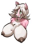  anthro areola big_breasts breasts bust_portrait canine female fur huge_breasts mammal nipples pink_fur plain_background riendonut smile solo 