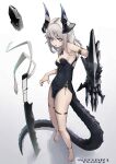 1girl absurdres akemiya_genma anklet armlet bare_shoulders barefoot black_horns blush breasts clawed_gauntlets cleavage commentary copyright_name covered_navel dot_nose dragon_girl dragon_horns dragon_tail dress english_commentary full_body gauntlets gold_anklet gold_armlet gold_thighlet gradient_background grey_hair hair_between_eyes highres horns jewelry looking_at_viewer medium_breasts medium_hair open_mouth original parted_lips pelvic_curtain pink_eyes shadow short_dress side_slit simple_background single_gauntlet sleeveless sleeveless_dress solo standing strapless strapless_dress sword tail thighlet thighs weapon white_background 