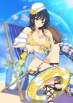  1girl anchor_necklace anchor_print bag beach beach_chair bikini black_hair black_sandals blue_eyes blue_sarong blue_sky blue_trim blunt_bangs blush bow breast_tattoo breasts chair cleavage closed_mouth cloud day deck_chair falling_petals floral_print floral_print_bikini floral_print_sarong flower folding_chair frilled_innertube frills front-tie_bikini_top front-tie_top gem gladiator_sandals green_petals groin hat hat_bow heart heart_tattoo hime_cut horizon ikaruga_(senran_kagura) innertube jacket jewelry large_breasts lens_flare linea_alba long_hair looking_at_viewer navel necklace non-circular_lens_flare ocean official_art open_clothes open_jacket orange_petals outdoors pendant petals pink_petals print_bikini print_innertube rainbow red_petals sailor_hat sand sandals sarong senran_kagura senran_kagura_new_wave senran_kagura_shoujo-tachi_no_shin'ei shiny_skin sitting skindentation sky smile solo sparkle strap_pull straw_hat sun sunflower swim_ring swimsuit tattoo thigh_strap two-tone_wristband very_long_hair water white_bikini white_jacket wristband yaegashi_nan yellow_bikini yellow_bow yellow_gemstone yellow_petals 