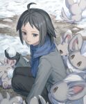  1boy ahoge black_gloves black_hair black_pants blue_eyes blue_scarf cheren_(pokemon) cinccino closed_eyes closed_mouth evolutionary_line gloves grey_fur grey_jacket highres holding holding_snowball jacket minccino mint_pk open_mouth outdoors pants pokemon pokemon_(creature) pokemon_bw pokemon_bw2 scarf shirt short_hair smile snow snowball 
