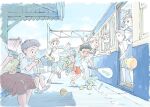  2girls 6+boys ankle_socks archived_source backwards_hat bag ball barrel_bag bench black_eyes black_hair blouse blue_bag blue_sailor_collar blue_shirt blue_shorts blue_skirt blue_sky blue_sleeves blue_theme book brown_bag brown_skirt buckle buttons cargo_pants child closed_eyes closed_mouth collared_shirt commentary_request cool_colored crew_neck dark-skinned_male dark_skin day duffel_bag fence frown gable_roof grey_sandals hat hiramatsu_tadashi holding holding_bag holding_book holding_tennis_racket lid medium_skirt multiple_boys multiple_girls multiple_unit_train neckerchief on_bench open_book open_door open_mouth orange_hat original outdoors pants picket_fence pleated_skirt polo_shirt racket red_neckerchief red_shorts rooftop running sailor_collar sandals school_uniform serafuku shirt shoes short_sleeves shorts sitting skirt sky sleeve_cuffs sneakers socks summer_uniform t-shirt tennis_ball tennis_racket tongue train train_station train_station_platform twintails two-tone_bag v-shaped_eyebrows white_shirt white_shoes white_sleeves wing_collar wooden_fence 
