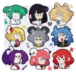 6+girls absurdres animal_ears black_hair blonde_hair blue_eyes blue_hair bow brown_eyes brown_hair double_bun drooling fang fox_ears green_eyes green_hair grey_hair hair_bun hair_ribbon highres himemushi_momoyo houraisan_kaguya ibaraki_kasen kisume kudamaki_tsukasa maletoh meira_(touhou) mouse_ears mouth_drool multiple_expressions multiple_girls nazrin okazaki_yumemi one_eye_closed pink_eyes pink_hair ponytail purple_hair red_hair red_ribbon ribbon rumia scared serious smile thick_eyebrows tongue tongue_out touhou touhou_(pc-98) twintails v-shaped_eyebrows white_bow yellow_eyes 