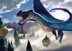  ambiguous_gender building city cityscape cloud feral flying high-angle_shot jack_wang long_tail magic_the_gathering markings official_art open_mouth scalie sharp_teeth sky solo spread_wings teeth tongue water waterfall wings wyvern 