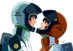  1boy 1girl aeug black_hair blue_eyes blue_hair couple fa_yuiry gundam helmet hetero highres holding kamille_bidan looking_at_another mecha_pilot_suit military_uniform normal_suit_(gundam) open_mouth pgmajimaji pilot_helmet science_fiction short_hair simple_background smile white_background zeta_gundam 