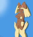 absurd_res anthro anthrofied blue_background breasts chowdie eyelashes female fur hi_res lagomorph lopunny mammal nintendo plain_background pok&eacute;mon pussy rabbit red_eyes shy smile solo video_games wet_pussy 