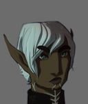  2015 ambiguous_gender clothing dark_skin dragon_age elf fenris_(dragon_age) green_eyes grey_background hair humanoid long_ears mutisija not_furry plain_background pointy_ears solo tattoo video_games white_hair 