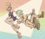  1boy 1girl bandaged_arm bandages blonde_hair blue_eyes bow breasts dr._stone dress e=mc2_(equation) facial_mark falling flying gradient_background gradient_hair green_eyes green_hair hetero high_heels high_ponytail holding implied_hetero ishigami_senkuu jewelry jumping kohaku_(dr._stone) looking_at_another multicolored_hair ninomae_gin open_mouth platform_heels ponytail purple_dress rope rope_around_waist sandals shoes short_dress sideboob sidelocks signature simple_background smile spiked_hair teeth upper_teeth_only white_rope 