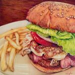  bacon burger chie_t19690428 colored_pencil_(medium) commentary_request food food_focus french_fries fried_egg highres lettuce no_humans onion original photorealistic plate realistic sesame_seeds signature tomato traditional_media 