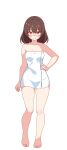  1girl absurdres barefoot blush breasts brown_hair cleavage closed_mouth collarbone commentary_request full_body hakurei_reimu hand_on_own_hip highres korra_down large_variant_set long_hair looking_at_viewer naked_towel no_hair_bow red_eyes solo sweatdrop tachi-e toes touhou towel transparent_background variant_set 