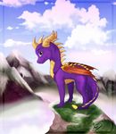 2014 acaris cloud detailed_background dragon feral horn looking_at_viewer male mountain outside purple_eyes purple_skin sky smile solo spyro spyro_the_dragon video_games wings yellow_scales 