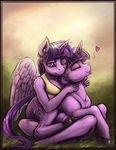  &lt;3 anthro anthrofied bantha clothing colored cutie_mark duo equine eyes_closed female feral friendship_is_magic fur grass hair horn mammal my_little_pony one_eye_closed outside purple_eyes purple_fur sitting sitting_in_lap smile tongue tongue_out twilight_sparkle_(mlp) unicorn winged_unicorn wings 