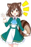  1girl :d animal_ear_fluff animal_ears ascot blue_ascot blush brown_hair commentary_request cowboy_shot dot_nose dress frilled_dress frills green_dress hand_up highres kotatsu-mazoku long_sleeves looking_at_viewer notice_lines open_mouth original short_hair simple_background smile solo squirrel_ears squirrel_girl squirrel_tail tail white_background 
