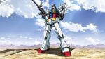  absurdres beam_rifle damaged desert dirty earth_federation_space_forces energy_gun gun gundam gundam_perfect_file highres holding holding_weapon machinery mecha mecha_focus mobile_suit mobile_suit_gundam no_humans official_art robot roundel rx-78-2_gundam science_fiction shadow shield solo teraoka_iwao textless_version v-fin weapon yellow_eyes 
