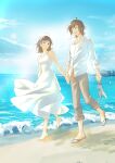  1boy 1girl :d ahoge amagase_touma amami_haruka bare_shoulders barefoot beach brown_eyes brown_hair brown_pants collared_shirt commentary_request couple dress eye_contact green_eyes hair_ribbon hetero highres holding holding_hands holding_shoes holding_unworn_clothes idolmaster idolmaster_(classic) idolmaster_side-m long_sleeves looking_at_another medium_hair mintpmintp pants popped_collar ribbon sand sandals shirt shoes shore side-by-side sleeveless sleeves_rolled_up smile unworn_shoes walking white_dress white_ribbon white_shirt 