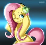  2012 cute equine female feral fluttershy_(mlp) friendship_is_magic hair headphones horse mammal my_little_pony one_eye_closed pegasus pink_hair portrait skyline19 solo wings wink 