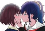  2girls asahina_mafuyu brown_eyes brown_hair commentary_request eye_contact hand_on_another's_face imminent_kiss long_hair looking_at_another multiple_girls ponytail project_sekai purple_eyes purple_hair sailor_collar shinonome_ena short_hair simple_background tongue tongue_out torakwok white_background white_sailor_collar yuri 