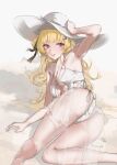  1girl absurdres alternate_costume ass blonde_hair blunt_bangs breasts casual_one-piece_swimsuit diksiuw feet_out_of_frame hat highres lying medium_breasts on_side one-piece_swimsuit phoebe_(wuthering_waves) purple_eyes solo sun_hat swimsuit white_hat white_one-piece_swimsuit wuthering_waves 