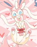  &lt;3 abstract_background black_nose blue_eyes blush bound bow canine cute eeveelution female feral fur long_ears looking_at_viewer lying mammal nintendo on_back paws pink_background pink_fur plain_background pok&eacute;mon presenting presenting_pussy pussy smile solo spread_legs spreading sylveon video_games white_body white_fur デデンネ 