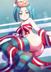  1girl ass blue_hair closed_mouth fur-trimmed_headwear fur_trim gesugesu_ahoaho googly_eyes green_eyes hat hat_over_hat highres looking_at_viewer monogatari_(series) naked_ribbon no_shoes ononoki_yotsugi orange_hat pom_pom_(clothes) red_hat ribbon santa_hat short_hair snowing solo striped_clothes striped_thighhighs thighhighs 