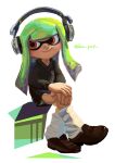  1girl artist_name black_shirt closed_mouth commentary_request full_body green_hair headphones highres inkling inkling_girl inkling_player_character ka_pus leg_warmers long_hair looking_to_the_side red_eyes shirt sitting smile solo splatoon_(series) splatoon_3 tentacle_hair twitter_username white_background 