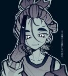  1boy bare_shoulders black_background collarbone commentary crossed_bangs gloves hairband hand_up holding holding_own_hair kieran_(pokemon) looking_at_viewer loose_hair_strand male_focus mole mole_on_neck partially_fingerless_gloves playing_with_own_hair pokemon pokemon_sv ponytail shoulder_blush single_glove tank_top thick_eyebrows titara_1230 upper_body 