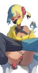  1girl absurdres aqua_hair bar_censor black_panties blonde_hair blue_eyes breasts canari_(pokemon) censored cleavage clothes_pull clothing_aside commentary_request dark-skinned_female dark_skin drelouder eelektross highres jacket large_breasts looking_at_viewer mask mouth_mask multicolored_hair object_insertion panties panties_aside pants pants_pull poke_ball poke_ball_(basic) pokemon pokemon_(creature) pokemon_legends:_z-a pussy single_off_shoulder sitting split-color_hair twintails underwear vaginal vaginal_object_insertion yellow_jacket 